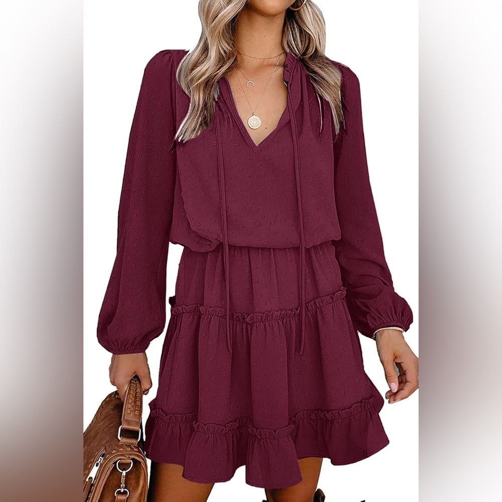 BTFBM Long Sleeve Casual Tie Neck Ruffle Tiered A Line Mini Dress Size S - NWT